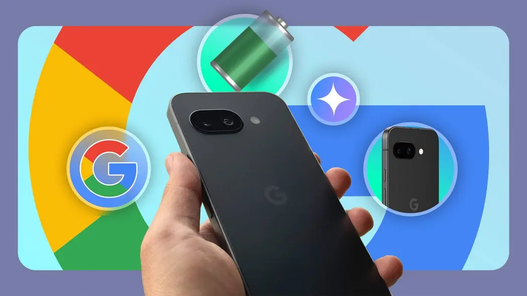 دستی که گوشی Google Pixel 9a را در دست دارد و با حاشیههای تصویری ویژگیهای باتری، هوش مصنوعی و دوربین را برجسته میکند؛ پسزمینهای با لوگوی Google