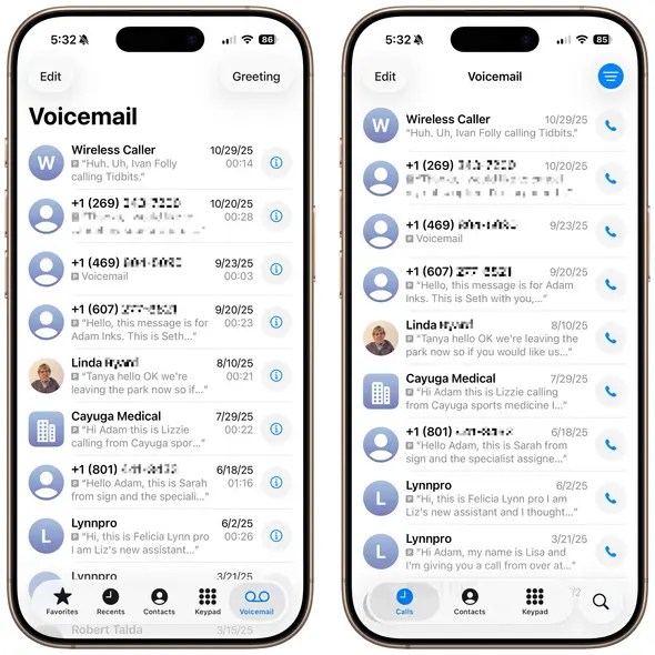 پیام صوتی برنامه تلفن iOS ۲۶ – کلاسیک در مقابل یکپارچه
