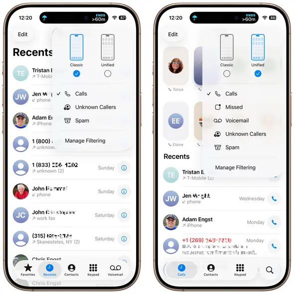 برنامه تلفن iOS ۲۶ – نمای کلاسیک در مقابل نمای یکپارچه
