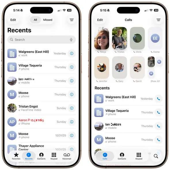 مقایسه Recents و Calls در برنامه تلفن iOS ۲۶