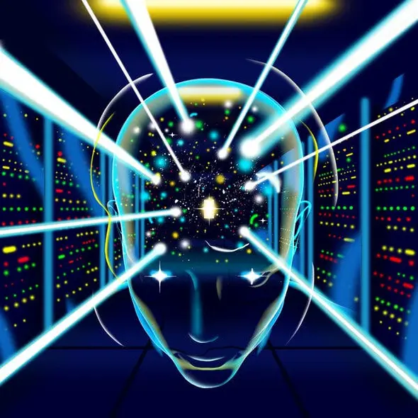 تصویری از سر انسانی شبحی که در میان پردازندههای کامپیوتری معلق است و پرتوهای نوری از آن ساطع میشود.