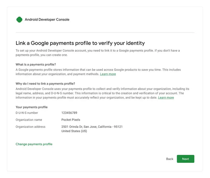 پروفایل پرداختهای کنسول توسعهدهنده اندروید