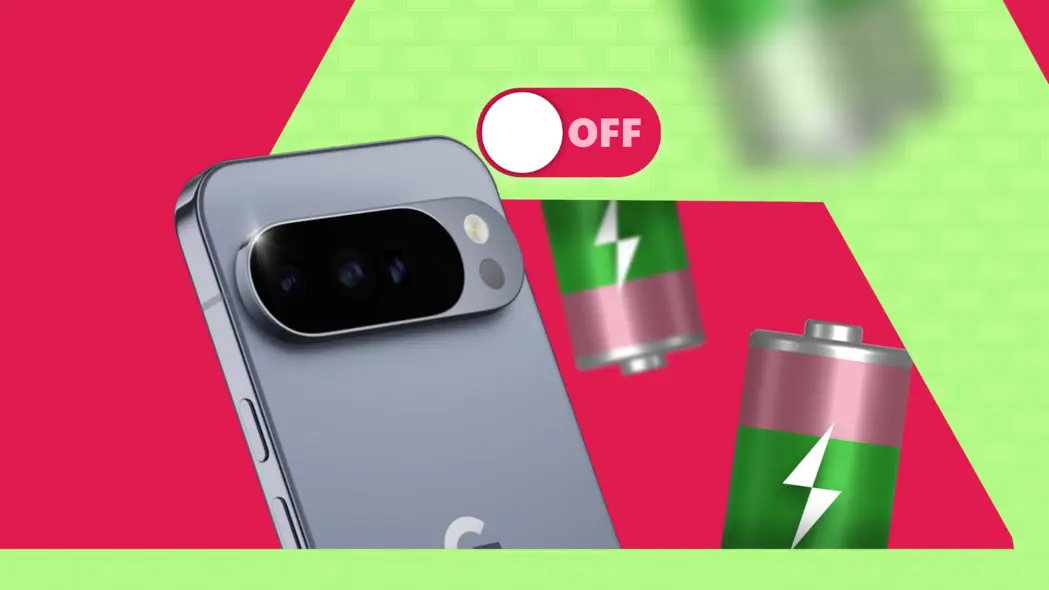 پیکسل ۱۰ پرو گوگل کنار نمادهای سبز باتری، با سوئیچ بزرگ در وضعیت «خاموش».