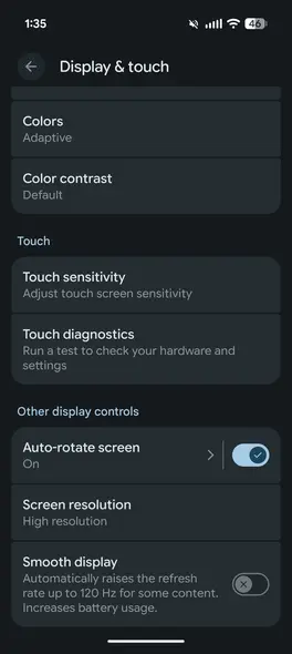 منوی نمایش و لمس در اندروید