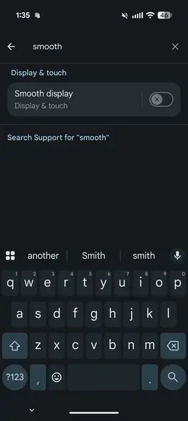 رابط جستجوی تنظیمات در اندروید با انتخاب Smooth Display