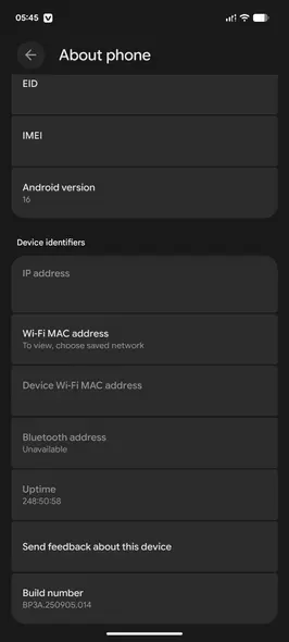 صفحه تنظیمات درباره تلفن در اندروید