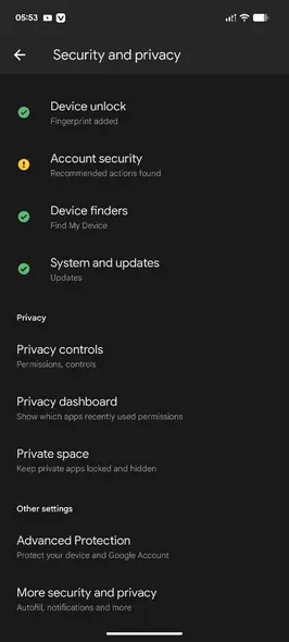 تنظیمات و حریمخصوصی اندروید