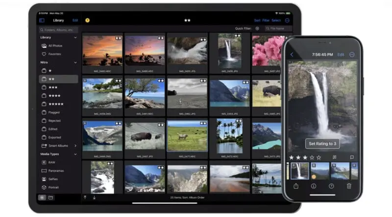 یک تبلت و یک گوشی هوشمند برنامهای برای مدیریت عکس نمایش میدهند که شامل تصاویر متنوعی از مناظر طبیعی، شامل آبشارها و کوهها است. رابط کاربری برنامه ریزنمای عکسها و ابزارهای سازماندهی را نشان میدهد.