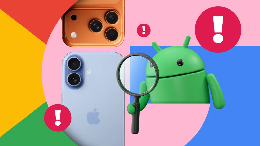 تصویری از نماد اندروید که یک ذرهبین در دست دارد و به دو آیفون نگاه میکند؛ اطراف آن آیکونهای هشدار قرمز قرار دارند.