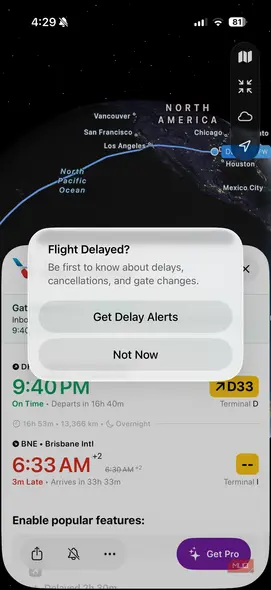 برنامه Flighty نمایش پیغام بر روی آیفون