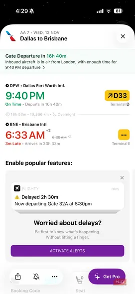برنامه Flighty نمایش جزئیات پرواز بر روی آیفون