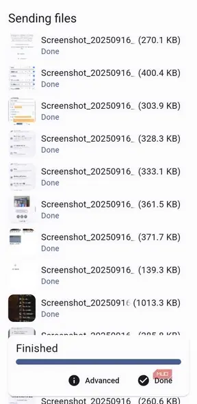 صفحهٔ وضعیت انتقال برنامه LocalSend در اندروید