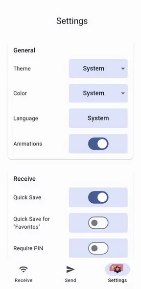 صفحهٔ تنظیمات برنامه LocalSend در اندروید