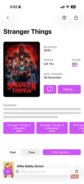 برنامه Callsheet نمایش جزئیات Stranger Things بر روی آیفون
