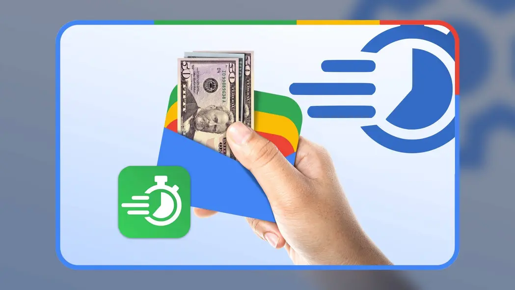 دستی که لوگوی Google Wallet را با پول نقد داخلش نگه داشته و بههمراه نماد چرخدنده تنظیمات
