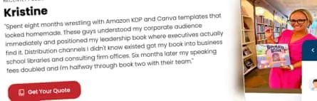 عکسی از زنی که با کتابی در دست ایستاده و توصیفی در سمت چپ دارد