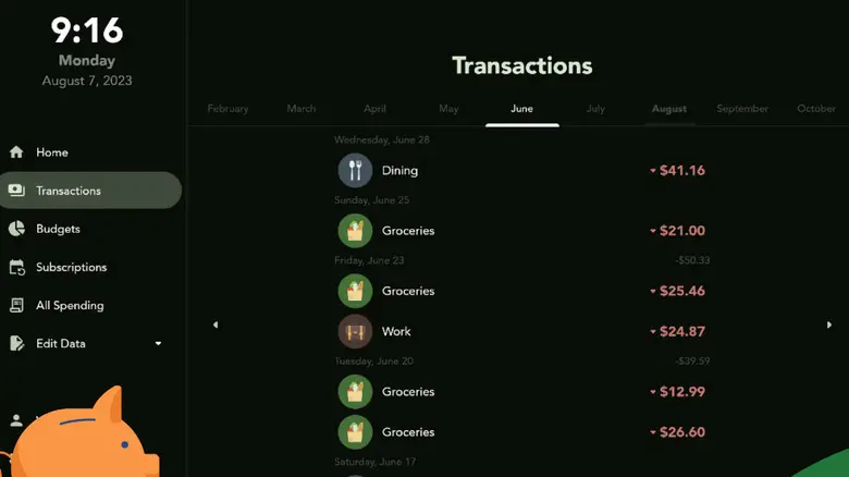 برنامه Cashew با نمایش تاریخچهٔ تراکنشها