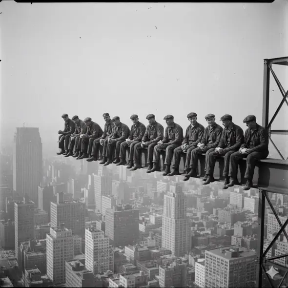 سیزده کارگر ساختمانی بر روی تیر فولادی در ارتفاع بالای افق شهری ناهار می‌خورند؛ در پس‌زمینه ساختمان‌های بلند و آسمان مه‌آلود.