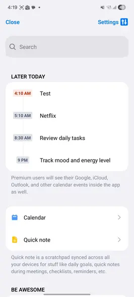 نمای روزانه Lunatask