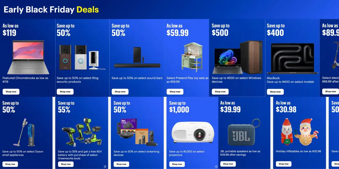 تصویری که فهرست تخفیفات هفتهٔ ۳ Best Buy را نشان میدهد.