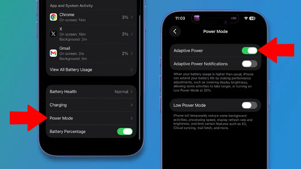 دو iPhone بر روی پسزمینهای سبز و آبی که تنظیمات باتری iOS 26 را نشان میدهند