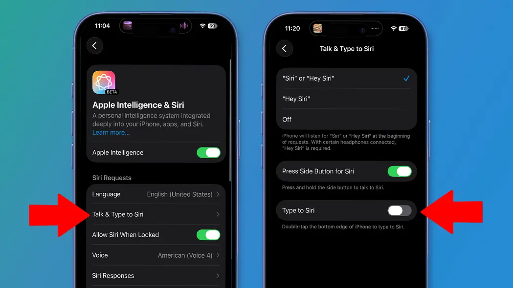 دو iPhone بر روی پسزمینهای سبز و آبی که تنظیمات باتری iOS 26 را نشان میدهند