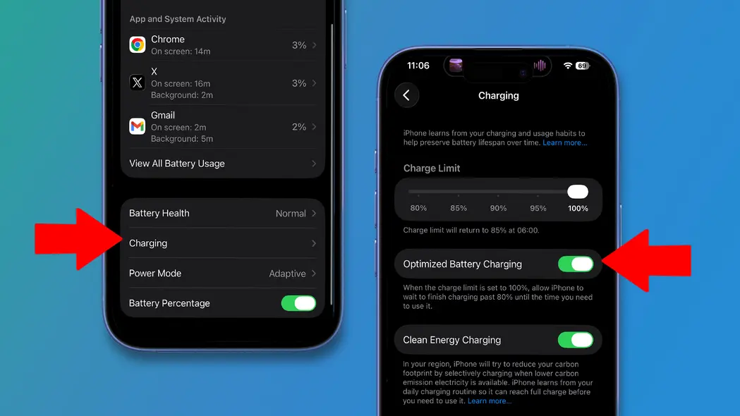 دو iPhone بر روی پسزمینهای سبز و آبی که تنظیمات باتری iOS 26 را نشان میدهند