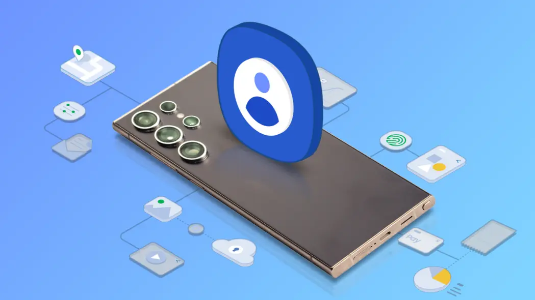 یک گوشی سامسونگ گالکسی که بهصورت افقی قرار گرفته، با آیکون آبی حساب سامسونگ که در بالای آن معلق است و دور آن آیکونهای کوچکی که برخی ویژگیها را نشان میدهند