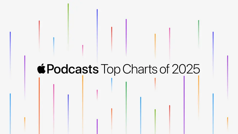 تصویری بنر که متن «Apple Podcasts Top Charts of 2025» را نمایش میدهد و خطوط رنگارنگی در پسزمینه دارد.