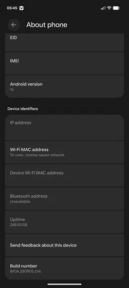 صفحه تنظیمات درباره تلفن اندروید