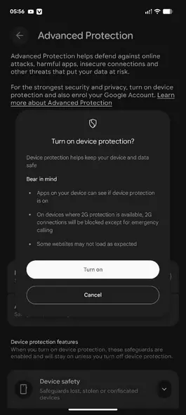 تأیید فعالسازی حفاظت دستگاه در اندروید