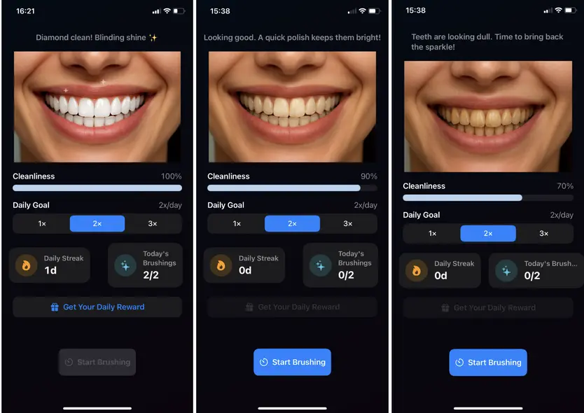 اپلیکیشن Brush Tracker که تصویر دندانهای تمیز و امتیاز ۱۰۰٪ را نشان میدهد