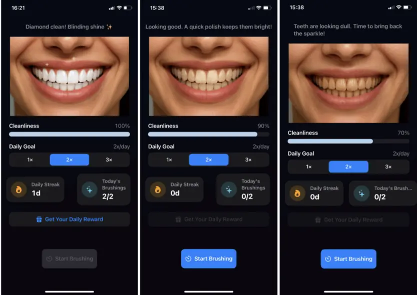 امتیاز تمیزی کاهش یافته در اپلیکیشن Brush Tracker با دندانهای کمی زرد شده