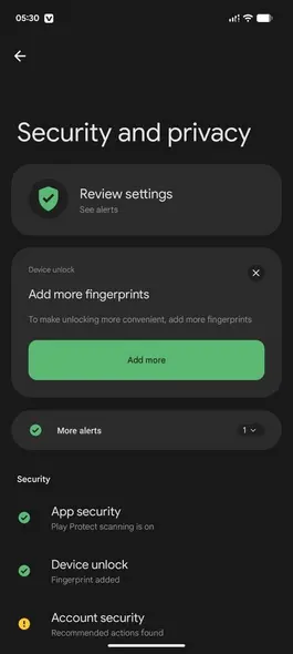 صفحه تنظیمات امنیت و حریم خصوصی اندروید