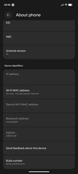 صفحه تنظیمات درباره‌دستگاه اندروید