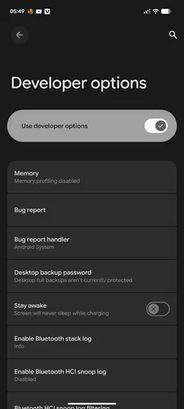 گزینه‌های توسعه‌دهنده فعال شده در اندروید