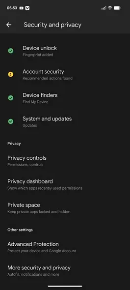 تنظیمات و حریم خصوصی اندروید