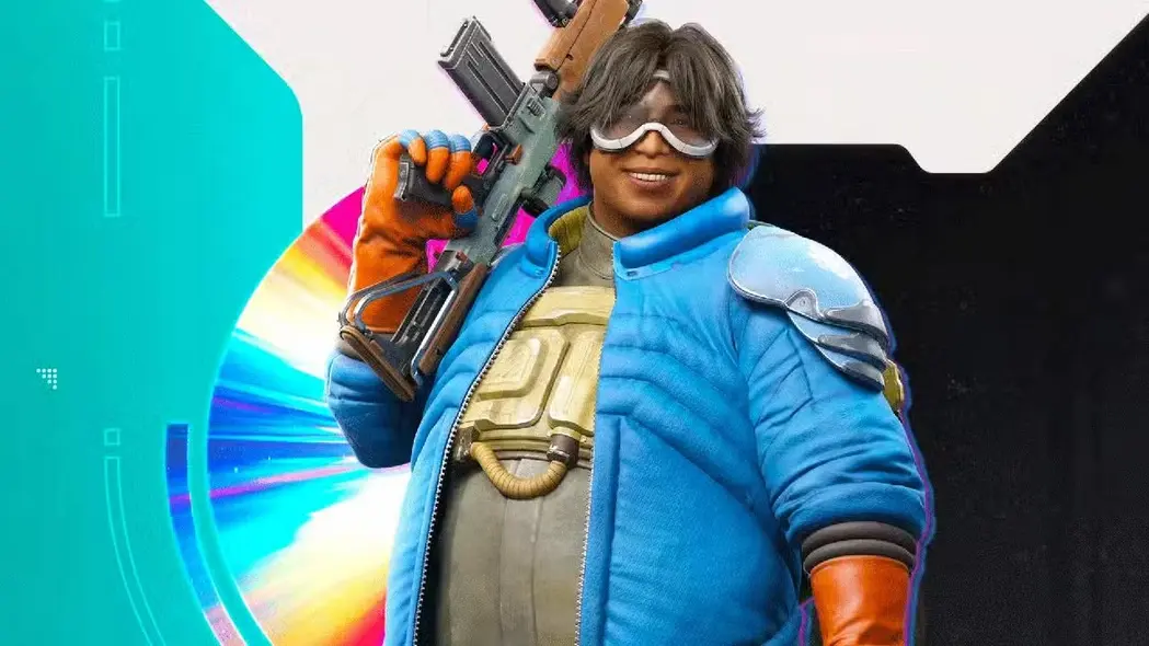 تصویر مفهومی از شخصیت بازی Concord: مردی با ژاکت آبی و عینک محافظ که یک تفنگ در دست دارد