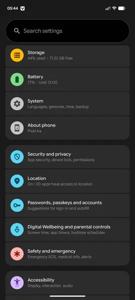 صفحه اصلی برنامه تنظیمات اندروید