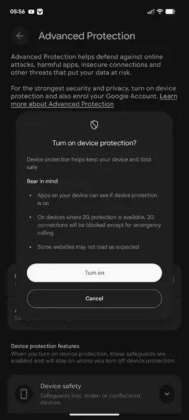 تأیید فعالسازی حفاظت دستگاه در اندروید
