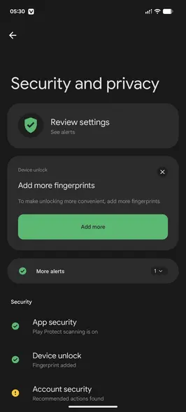 صفحه تنظیمات امنیت و حریمخصوصی اندروید