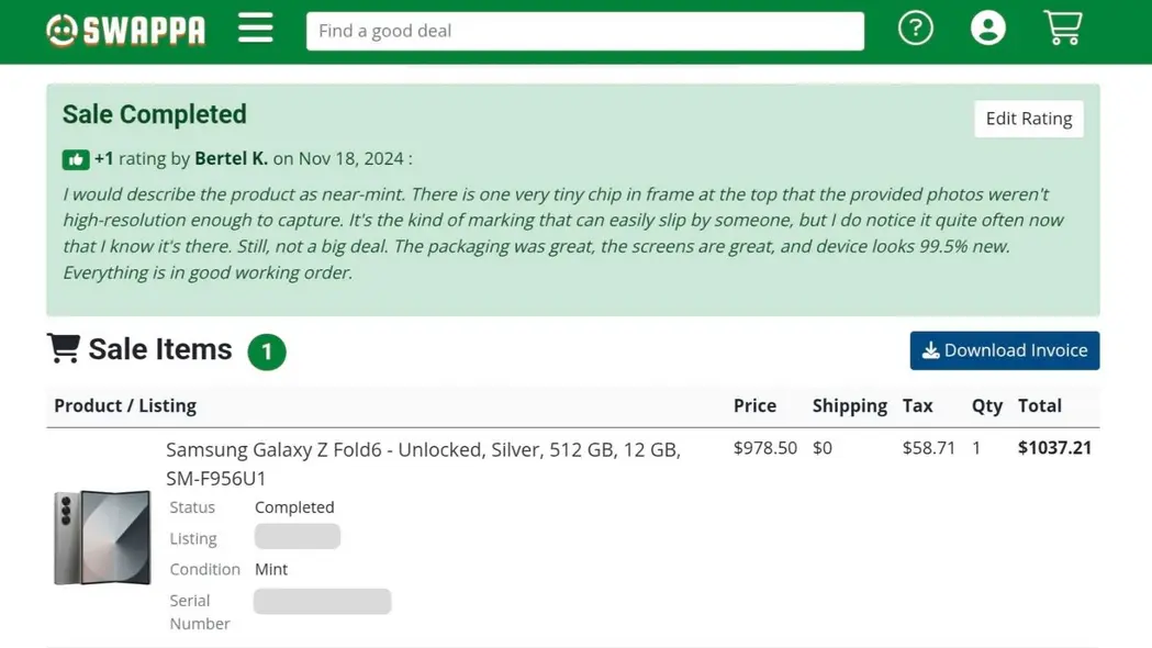 صفحه وب‌سایت Swappa که خرید موفقیت‌آمیز Galaxy Z Fold 6 را نمایش می‌دهد.