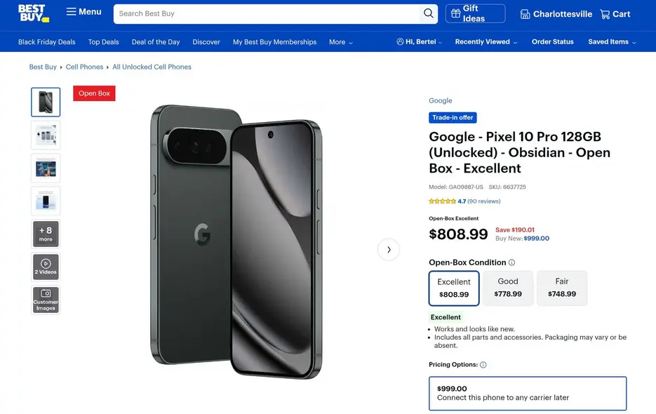 یک Google Pixel 10 Pro دست‑دست‑داده‌شده از Best Buy با تخفیف حدود ۲۰۰ دلار.
