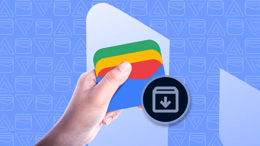 دست در حال نگه داشتن لوگوی Google Wallet، با یک نماد آرشیو در کنار آن.