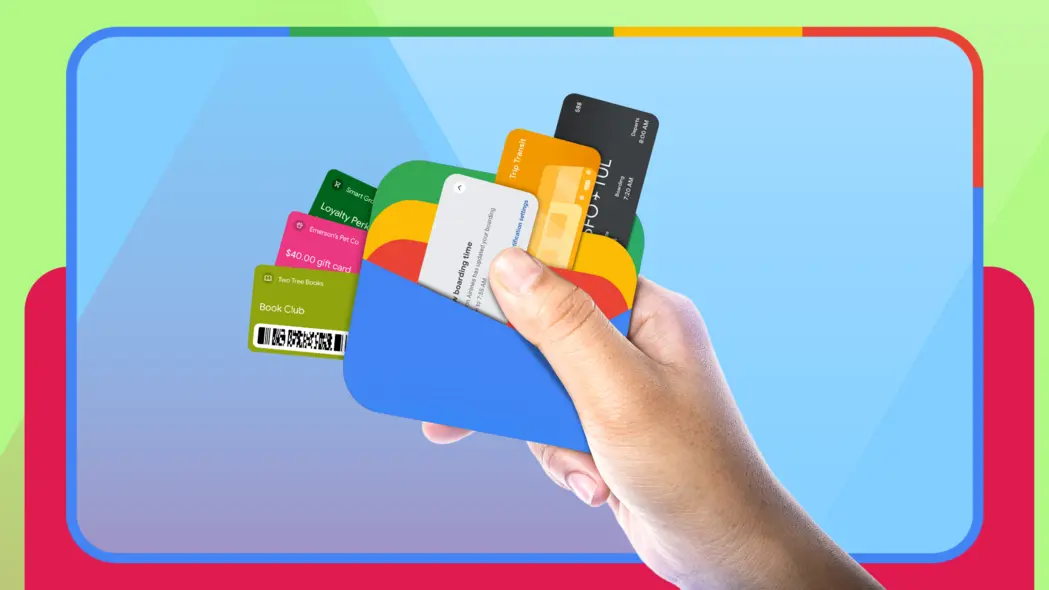دست در حال نگه داشتن نماد Google Wallet همچون یک کیف پول واقعی، به همراه کارتهای دیجیتال رنگارنگ برای برنامههای وفاداری، بلیتهای سفر و پرداختها.