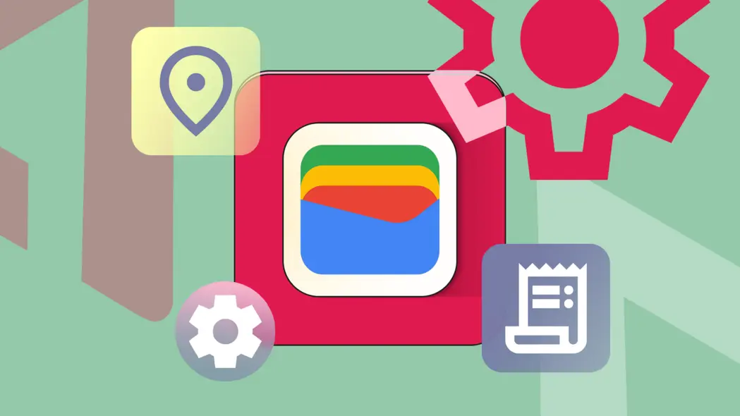تصویری از لوگوی Google Wallet که با نمادهای مکان، تنظیمات و تاریخچهٔ تراکنش احاطه شده است.