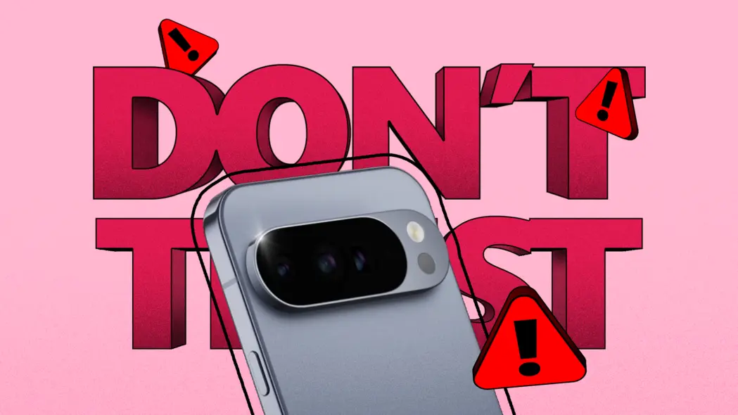 یک Google Pixel 10 در مقابل متن بزرگ و برجستهٔ «DON’T TRUST»، که با نمادهای هشدار قرمز با علامت تعجب احاطه شده است.