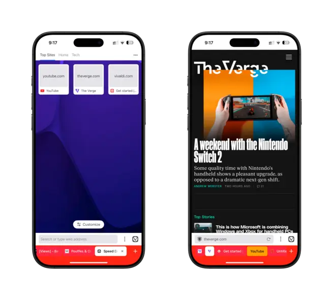 مرورگر ویوالدی بر روی آیفون