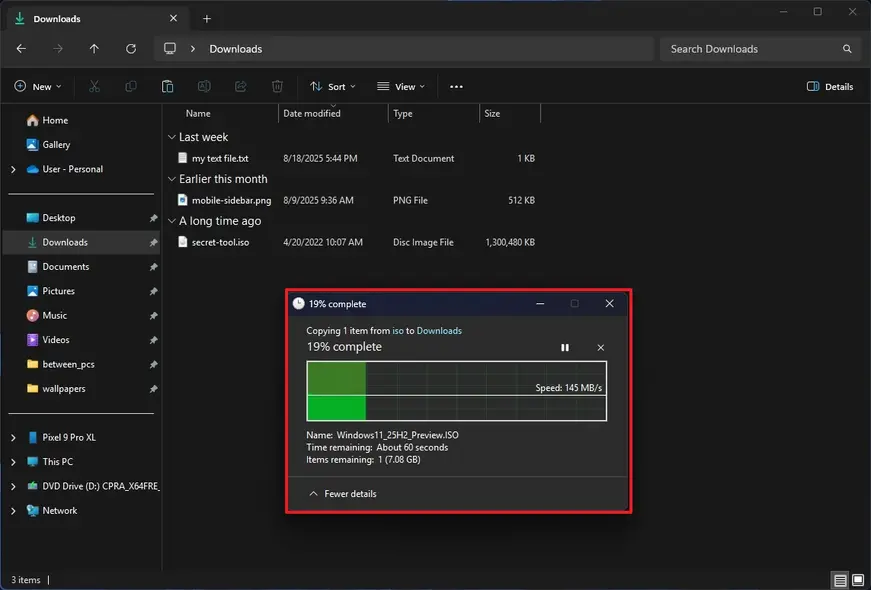 حالت تاریک گفت‌وگوی کپی در اکسپلورر فایل